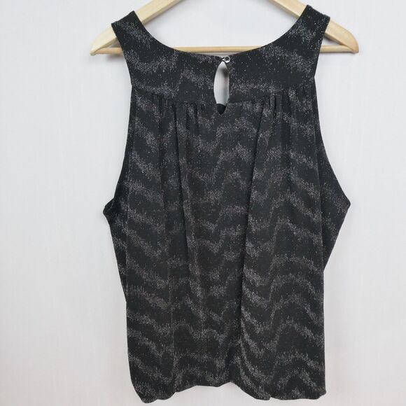 Anthropologie Shimmer Carly Bubble Hem Blouse Sz L Black Silver Metallic Zig Zag - Picture 7 of 12